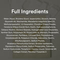 Full ingredients list for collagen gel mask with niacinamide, hyaluronic acid, ceramides, and soothing botanical extractsList of full ingredients on a dark background