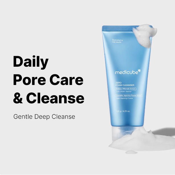Blue tube of Medicube Zero Foam Cleanser on white background