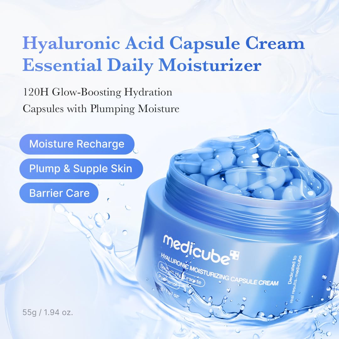 Medicube Hyaluronic Acid Capsule Cream showcasing 120-hour hydration benefits and daily moisturizer claims for all skin types