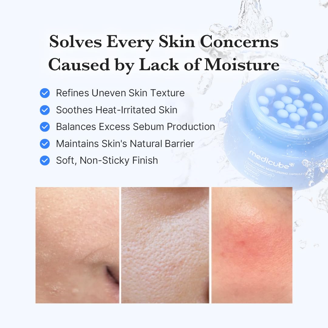 Before and after skin texture comparison showing improved hydration, reduced redness, and smoother skin with Medicube moisturizer