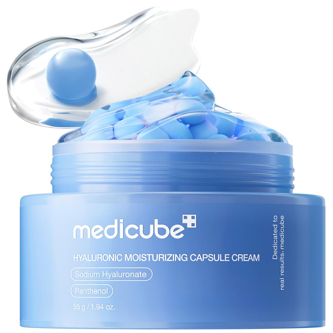 Medicube Hyaluronic Moisturizing Capsule Cream jar with visible blue hydration capsules for deep moisture and plump skin
