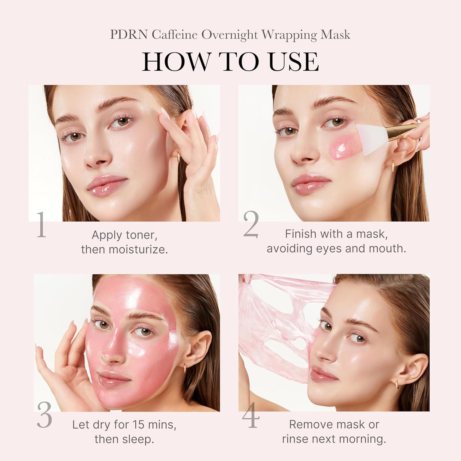 How to use Medicube PDRN Caffeine Overnight Wrapping Peel-Off Mask showing step-by-step nighttime skincare routine for firmer, hydrated skin