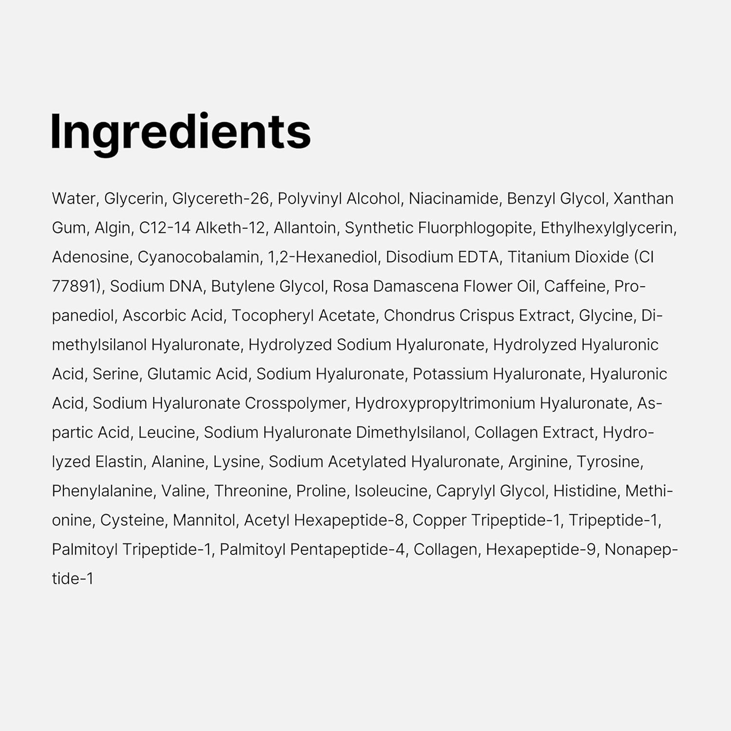 Full ingredient list for Medicube PDRN Caffeine Overnight Wrapping Peel Off Mask showing hyaluronic acid, peptides, collagen, niacinamide, and caffeine