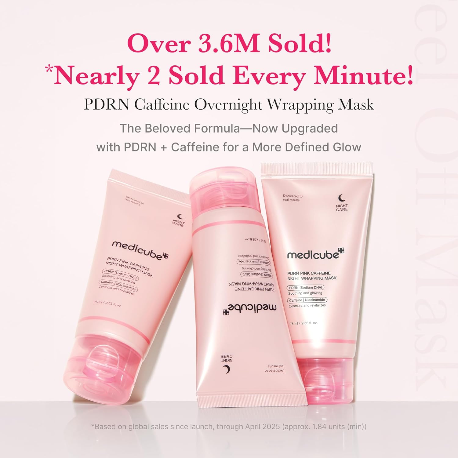 Medicube PDRN Caffeine Overnight Wrapping Mask set showing three pink tubes, Korean skincare treatment formulated to firm, hydrate, and boost overnight skin glow.