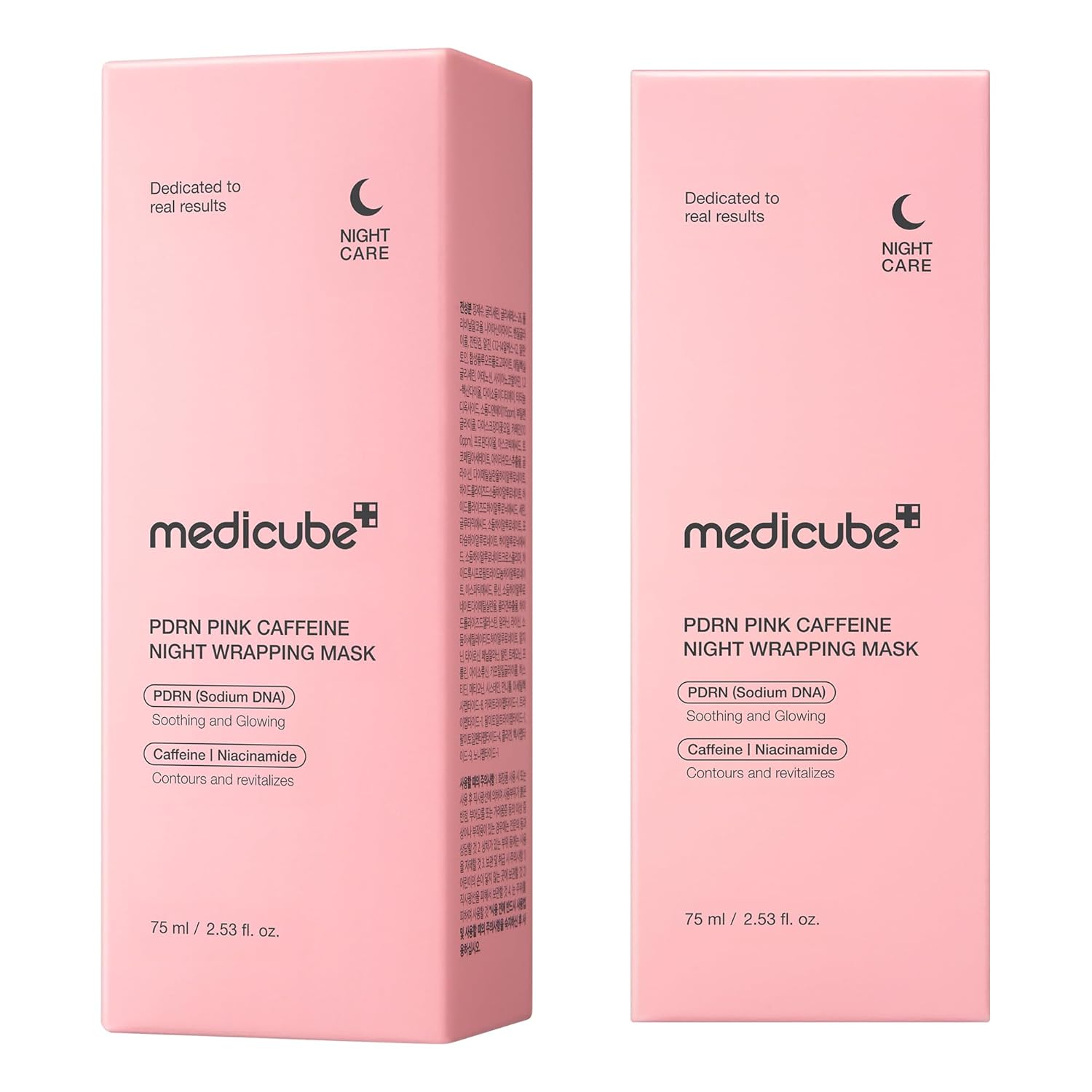 Medicube PDRN Pink Caffeine Overnight Wrapping Mask packaging showing front and side boxes designed for overnight skin repair and hydration