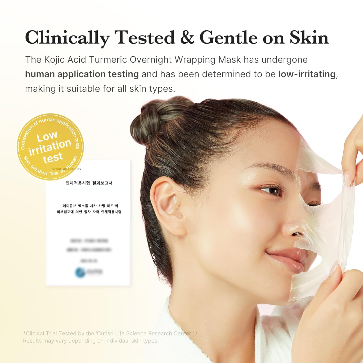 Clinically tested Medicube Kojic Acid Turmeric Overnight Wrapping Peel-Off Mask shown being gently removed, highlighting low-irritation formula suitable for sensitive skin