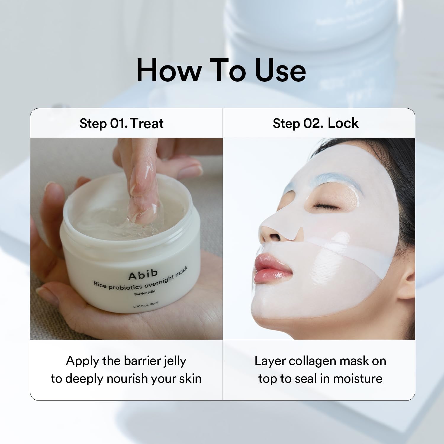 How to use Abib collagen gel mask showing barrier jelly application and hydrogel mask sealing in moisture