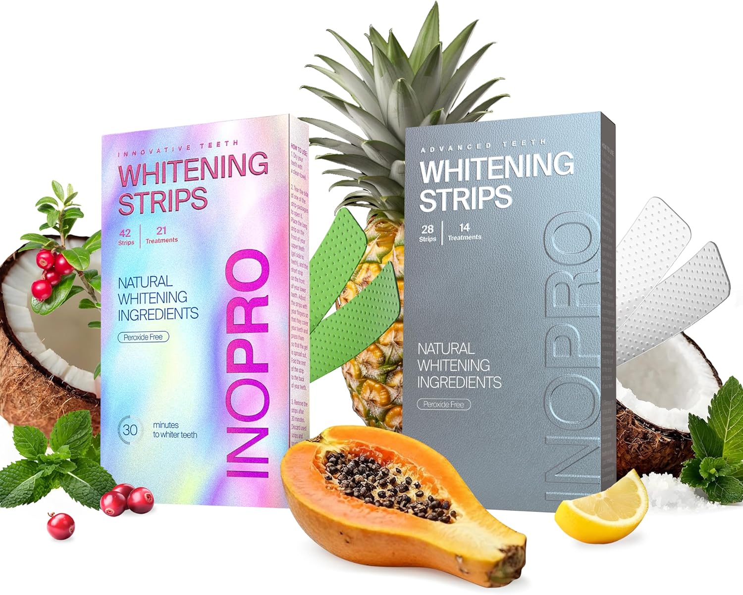InoPro 2-in-1 Teeth Whitening Strips Kit - 35 Total Treatments Bundle: Advanced Natural Whitening (14 Treatments) + Innovative Green Strips (21 Treatments) - Peroxide-Free, Sensitivity-Free with Papain, Bromelain & Arbutin for Deep Stain Removal