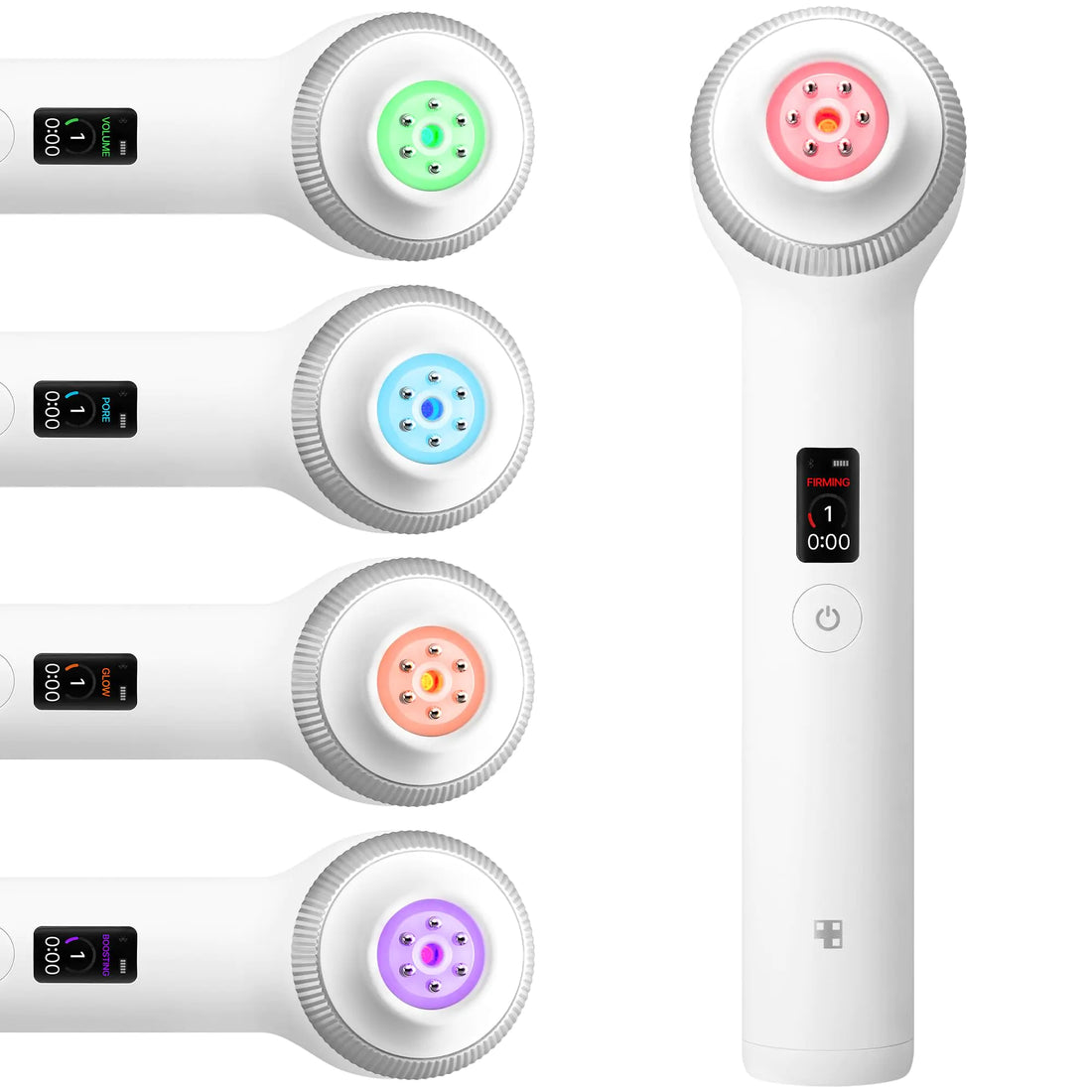 Multi-mode LED facial skincare device with red, blue, green, and purple light therapy on white background