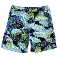 Back view of men’s tropical surf boardshorts with blue and green botanical leaf print, quick-dry swimwear