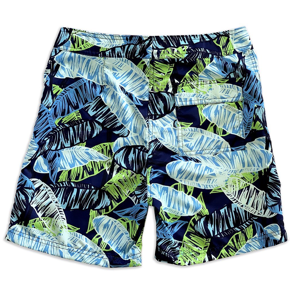Back view of men’s tropical surf boardshorts with blue and green botanical leaf print, quick-dry swimwear