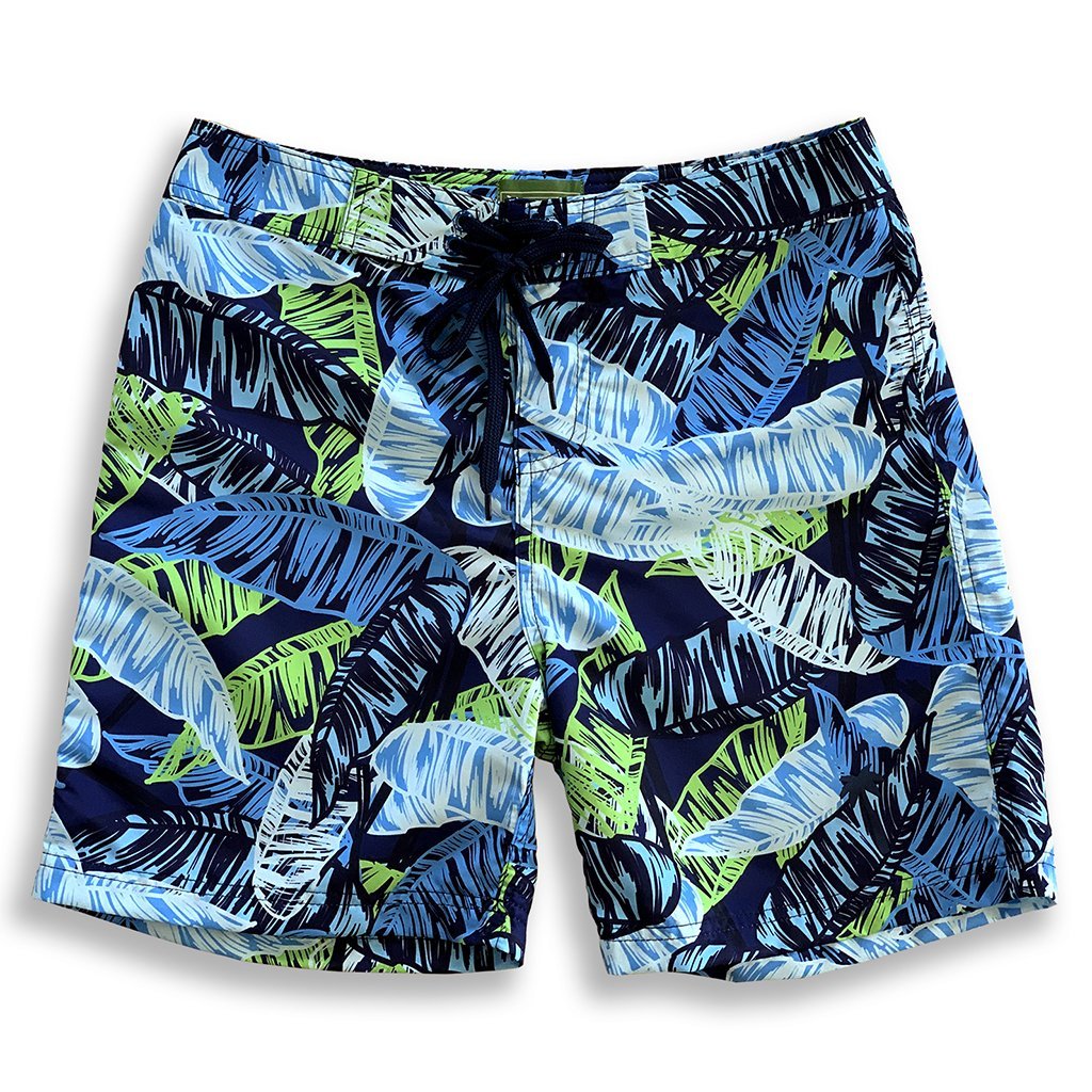 Men’s tropical botanical print boardshorts in blue and green leaf pattern, lightweight surf swim shorts on white background