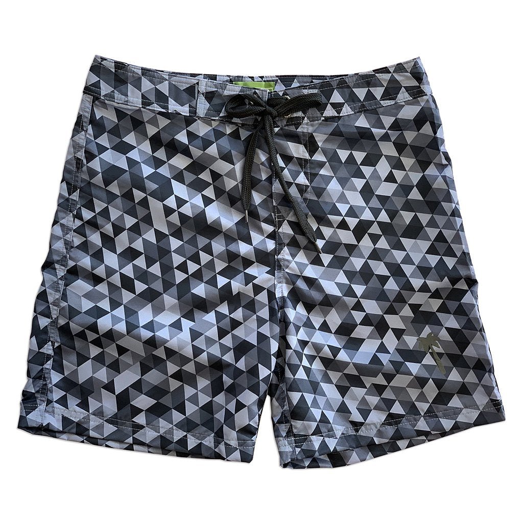 Sustainable men’s geometric gray surf boardshorts with quick-dry fabric and drawstring waist on white background