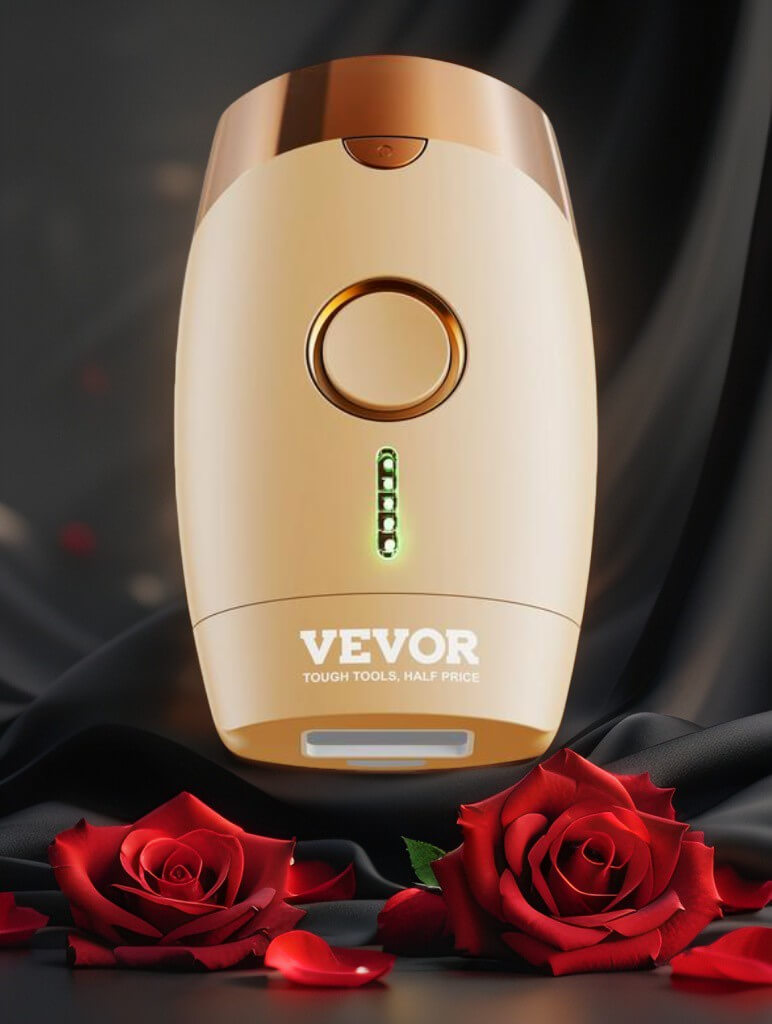 Close-up of the beige and rose gold Vevor IPL hair removal device placed between two red roses on a luxurious black fabric background