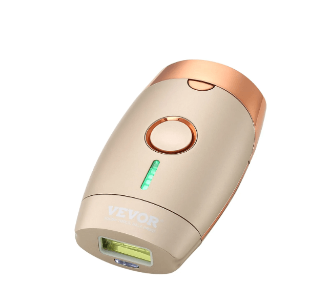 Beige and rose gold Vevor IPL hair removal device showing its treatment window and activation button on a white background