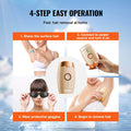 4-Step Operation guide for Vevor IPL hair removal device, demonstrating how to shave, connect power, wear goggles, and begin treatment at home.