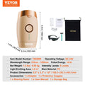 Vevor IPL hair removal device with dimensions and accessories shown, including the storage bag, protective goggles, and full technical specifications chart