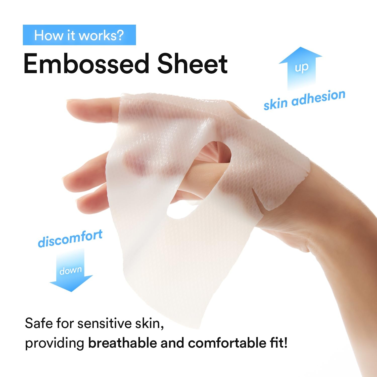 Embossed hydrogel face mask sheet demonstrating breathable fit and improved skin adhesion for sensitive skin