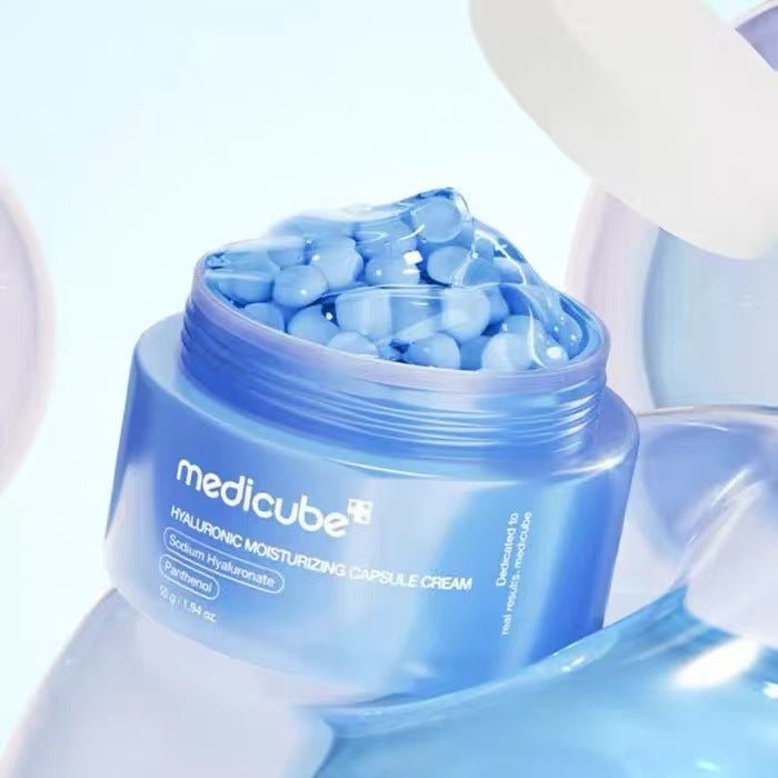 Medicube Hyaluronic Acid Capsule Cream in blue jar with visible hydrating capsules, deep moisture skincare for all skin types