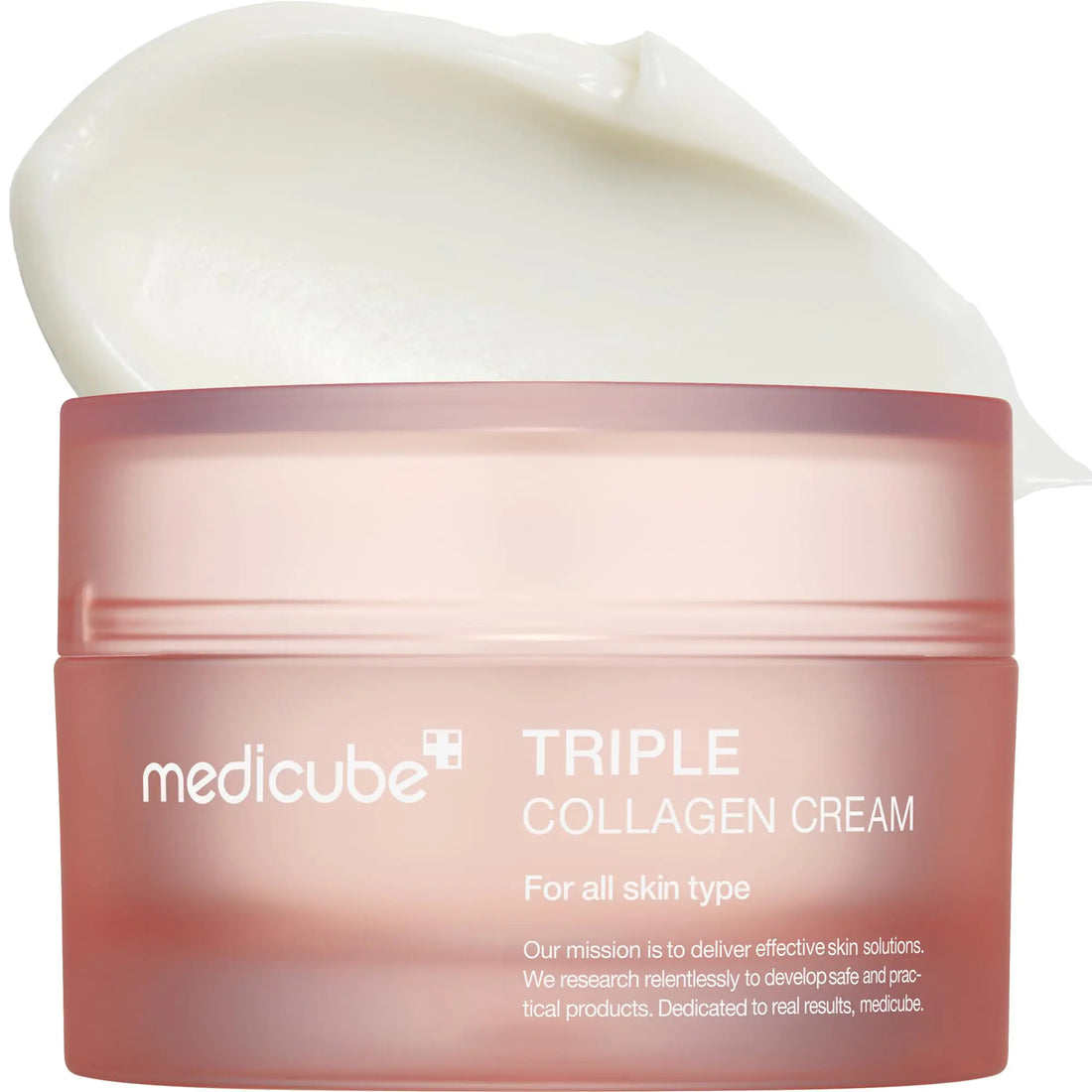 Medicube Triple Collagen Cream jar with rich cream texture on top, anti-aging moisturizer for all skin types on white background