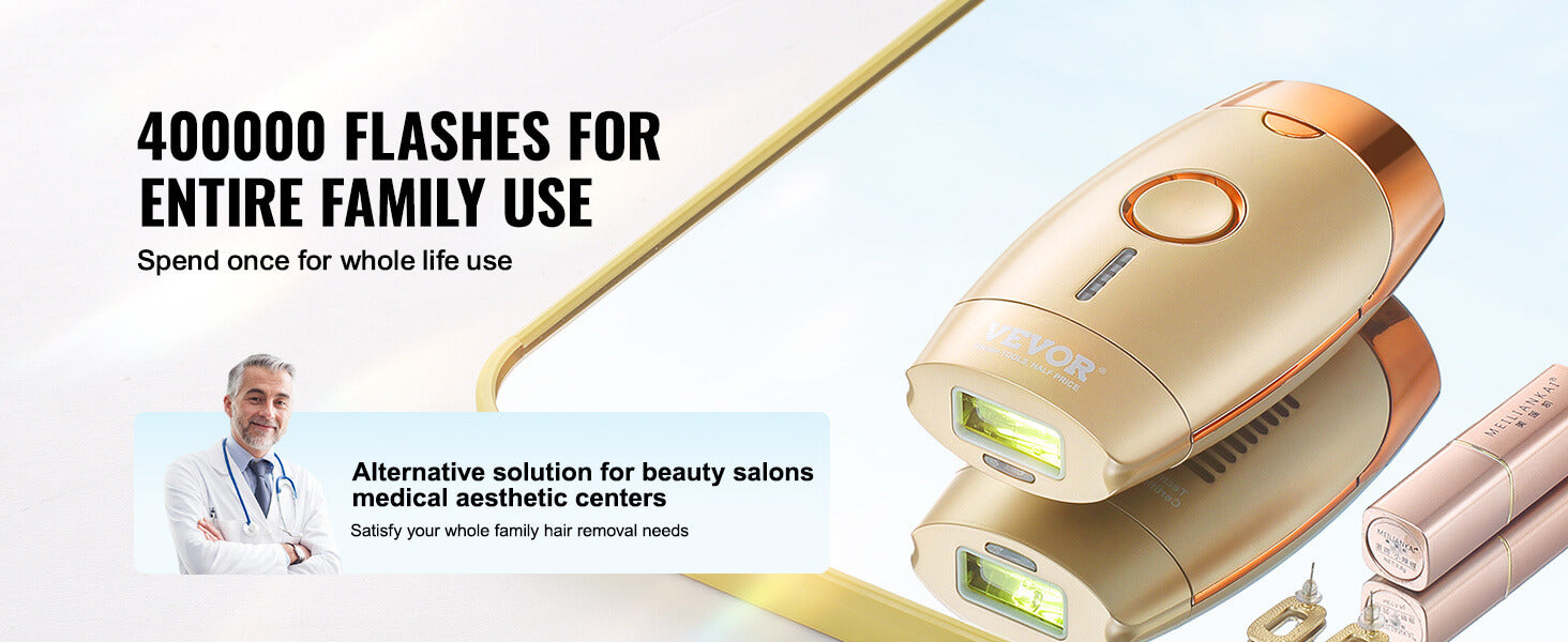 Vevor IPL hair removal device advertisement emphasizing 400,000 Flashes for Entire Family Use and as an alternative to beauty salons