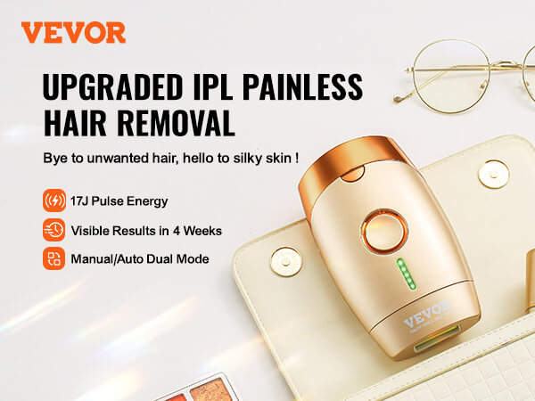 Vevor Upgraded IPL Painless Hair Removal device highlighting 17J Pulse Energy, Visible Results in 4 Weeks, and Manual/Auto Dual Mode for silky skin